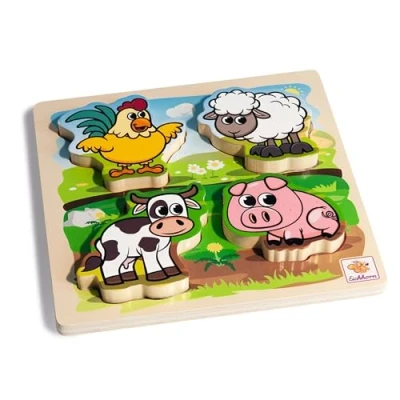 Afbeelding van Eichhorn 100003687 voelpuzzel met stoffen boerderijdieren tilelementen, van hout, 5 delig, 20 x cm groot, voor kinderen vanaf een jaar