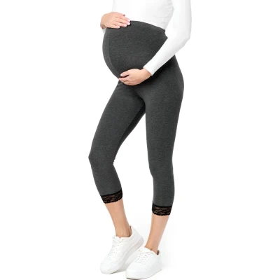 Afbeelding van BE Mammy BE20 161 LE Dames Capri Zwangerschapsleggings 3/4 Lengte met Kant Viscose Elasthan Yogabroek Stretch Donker Gemêleerd S