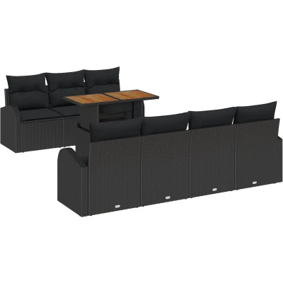Afbeelding van vidaXL 8 delige Tuin Eetset met Kussens Zwart Poly Rattan Acacia
