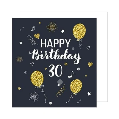 Afbeelding van Edition Seidel Premium vierkante wenskaart voor de 30e verjaardag met envelop. Verjaardagskaart Happy Birthday Billet Kaart Man Vrouw Ballonnen Zwart Goud (GZQ100 30)