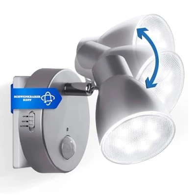 Afbeelding van TRANGO 2635 014 LED sensor nachtlampje *MILO* met bewegingssensor &amp; automatische functie in zilver veiligheidslicht direct 230V stopcontactlamp, wandlamp, oriëntatielicht, stopcontactlicht