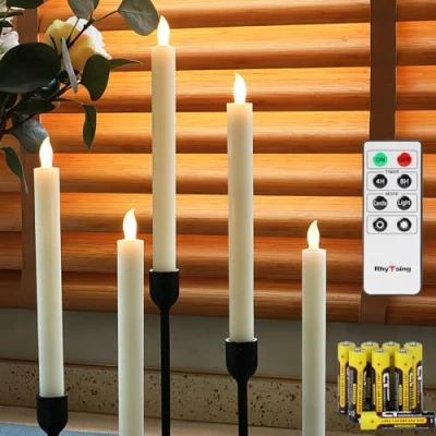 Afbeelding van Rhytsing 5 vlamloze led Dinerkaarsen ivoorwit met timer, realistisch Staafkaarsen rustiek design voor Kandelaar warmwit licht, Hoogte 25 cm, Afstandsbediening en Batterijen inbegrepen