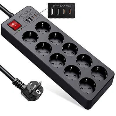 Afbeelding van Stekkerdoos met Overspanningsbeveiliging tot 1700 Joule, USB C 10 voudig,10 Stopcontacte en 4 Oplader Meervoudige Stekkerblok Schakelaar Meerstekker Verlengsnoer 1,5M