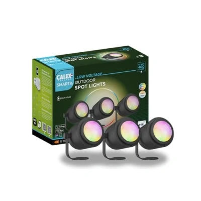 Afbeelding van Calex Smart Outdoor Grondspots Set van 6 met RGB &amp; Warm Wit Uitbreidbaar IP44 Waterdicht Tuinverlichting prikspot Inclusief 36W Adapter
