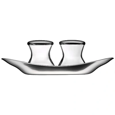 Afbeelding van WMF Wagenfeld strooier set 3 delig, Max &amp; Moritz, met bord, zoutregelaar, peperstrooier, glas, Cromargan roestvrij staal, gematteerd, vaatwasmachinebestendig