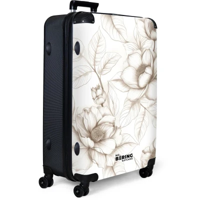 Afbeelding van NoBoringSuitcases.com® Koffer groot Reiskoffer lichtgewicht Wit met beige bloemen Rolkoffer 4 wielen Grote trolley XL 98 liter bagage
