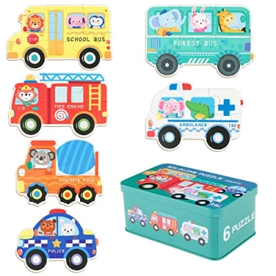 Afbeelding van Victse Houten puzzel voor kinderen van 3 jaar, 6 stuks, puzzelspeelgoed, 1, 2, 3, 4, 5 Montessori, educatieve geschenken, 3D patroon, meta puzzelbox (trafic)
