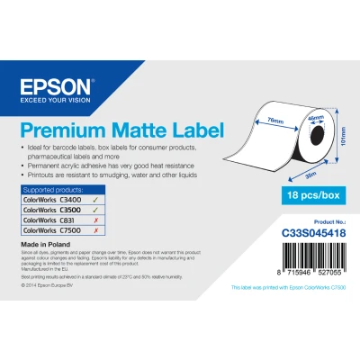 Afbeelding van Epson C33S045418 Premium Matte (76mm x 35m) Etiket Wit (Doorlopende rol)