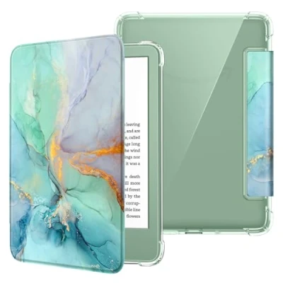 Afbeelding van Fintie Hoes voor 6 inch Kindle (11e generatie) 2024/2022, Clear Soft TPU Case met Auto Sleep/Wake Basic 2024, smaragd marmer