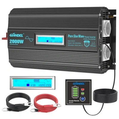 Afbeelding van GIANDEL Zuivere sinus omvormer 2000 W 12 V naar 230 spanningsomvormer met magnetisch ringdesign LCD scherm afstandsbediening 2 x 2,4 A USB poorten voor thuis, camper, vrachtwagen