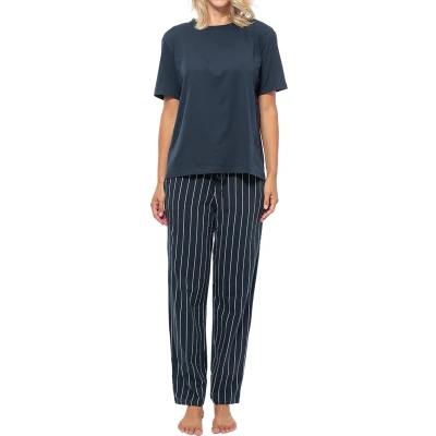 Afbeelding van Schiesser Organic Pyjama Blau gestreift dunkelblau, Dames, Maat: 44, dunkelblau