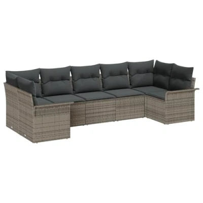 Afbeelding van vidaXL 7 Delige Tuin Sofa Set met Kussens Grijs Poly Rattan, 2 Zits Opbergruimte &amp; Rattan