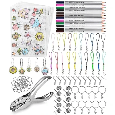 Afbeelding van FAOKZE 195 stuk krimpfolie set, 21 voor ambacht, inclusief A4 krimppapier, sleutelhanger, potloden, balkettingen, oorhaken, perforatieponsen, doe het zelf, set kinderen