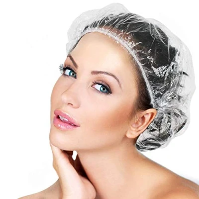 Afbeelding van Wegwerp douchecaps, Afufu 100 stuks draagbare haarkap, waterdichte plastic elastische badmuts voor thuisgebruik, hotel, spa, kapsalon en reizen