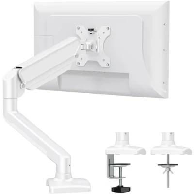Afbeelding van ELIVED 1 monitorhouder voor 13 32 inch schermen tot 9 kg met VESA 75/100 mm, gasveer pc monitor tafelhilling, kantelbaar, draaibaar, in hoogte verstelbare monitorhouder, wit, EV004W