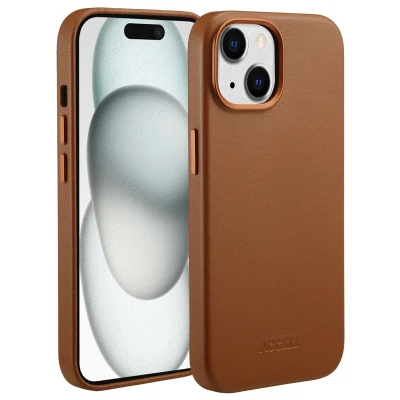 Afbeelding van Apple iPhone 15 MagSafe Hoesje Echt leder Accezz Backcover Bruin Telefoonhoesje