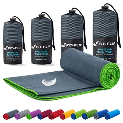 Afbeelding van Fit Flip Reishanddoeken set 16 kleuren, 6 afmetingen de perfecte sporthanddoek, strandlaken en reishanddoek (110x50cm 1 Stuk, Donkergrijs groene rand)