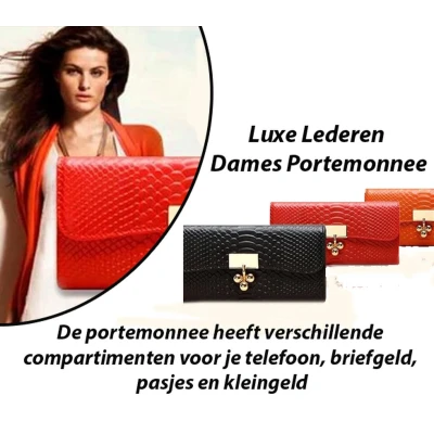 Afbeelding van 2 Stuks Luxe Lederen Dames Portemonnee in Zwart en Oranje Kleuren