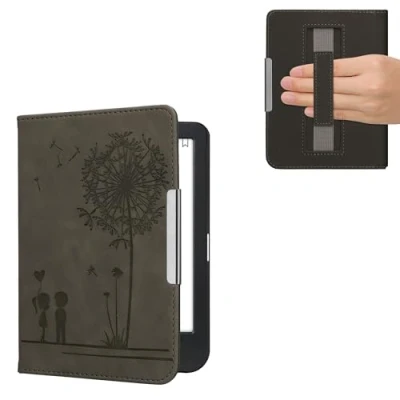 Afbeelding van kwmobile ereader hoesje van kunstleer geschikt voor Kobo Clara BW / Colour Met magneetsluiting In grijs Paardenbloemen Liefde design