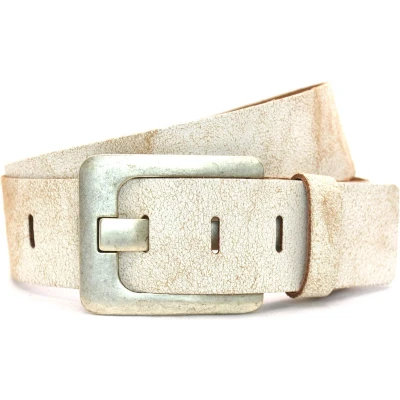Afbeelding van Timbelt 5cm jeans riem van crack leder 100% leer wit Maat 85 Totale lengte 100 cm