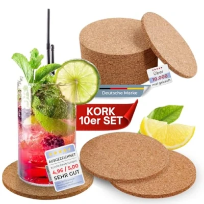 Afbeelding van wortek onderzetters van kurk, rond, set 10 stuks, diameter cm, voor glazen, thee, koffie, kopje, gin cocktail, glasonderzetters