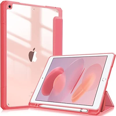 Afbeelding van FINTIE Hybride hoes compatibel met iPad 9e/8e/7e generatie (2021/2020/2019 model, 10,2 inch) schokbestendige transparante achterkant potloodhouder, automatisch waken/slapen, roze