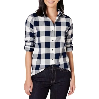 Afbeelding van Amazon Essentials Women&#039;s Lichtgewicht geruite flanellen overhemd met klassieke pasvorm en lange mouwen, Marineblauw Geruit, XS