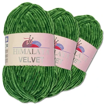 Afbeelding van Wohnkult Himalaya 3 x 100 g Velvet Dolphin breiwol, 40 kleuren om uit te kiezen, chenille breigaren, pluizige wol, glans, accessoire, kleding, dekens (90060, groen)