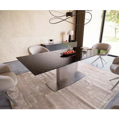 Afbeelding van DELIFE Eetkamertafel Edge 180 220x100 Glas smelten rokerig zwart 3D Relief Wave RVS uitschuifbaar