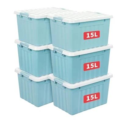 Afbeelding van Cetomo opbergdozen met deksels, 15L x 6 sluitgespen, kliksluiting, stapelbaar, nesten, organizer voor thuiskantoorkleding, blauw, stuks