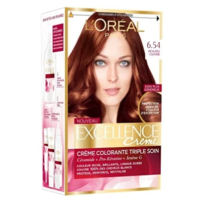Afbeelding van L&#039;Oréal Paris Excellence crème permanente haarkleur, drievoudige verzorging, 100% dekking wit haar tint 6,54 mahonie, koperkleurig, 2 stuks
