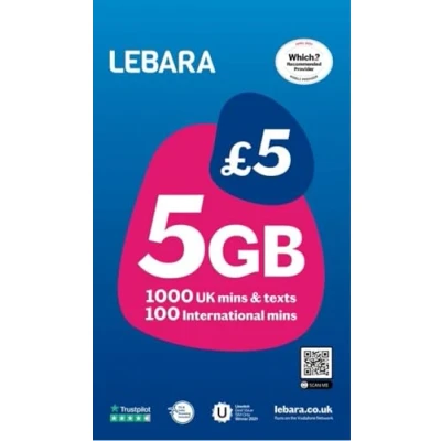 Afbeelding van Lebara UK Pay As You Go simkaart 5 GB gegevens, 1000 Britse minuten en teksten, 100 internationale voor £5