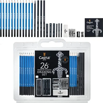 Afbeelding van Castle Art Supplies 26 delige premium teken en schetsset Voor artiesten, professionals of beginners Potloden, houtskool, grafiet meer Gerangschikt in Carry Anywhere Clamshell Case