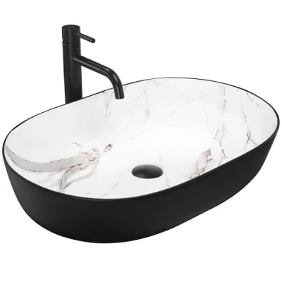 Afbeelding van REA Cleo Opzetwastafel Waskom 60.5 x 41 14 cm Mat Zwart / Aiax Marmerlook