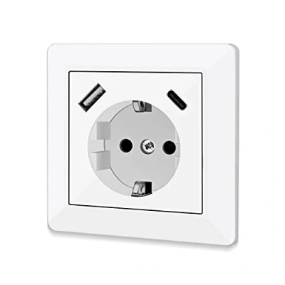 Afbeelding van stopcontact met USB aansluiting en type C (max. 5 V 3,4 A) Schuko inbouwstopcontact aansluiting, glanzend, systeem 55, zuiver wit, wandcontactdoos, geaard