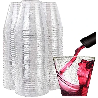 Afbeelding van KAHEIGN 60 stuks feestbekers, plastic dessertbekers met zilveren glitter, 270 ml dessertkommen, plastic, ronde dessertbekers, helder, herbruikbaar, voor whisky, pudding, mousse, party, 7 x 8,5 cm