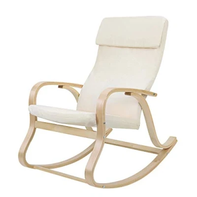 Afbeelding van SONGMICS schommelstoel, relaxstoel, draagvermogen 120 kg, frame van berkenhout, bekleding imitatielinnen, beige LYY30M