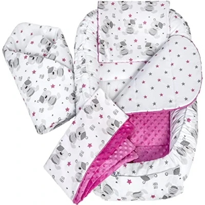 Afbeelding van Medi Partners 5 delige Babynest Set 100x60x15 Uitneembaar inzetstuk Bed Knuffel Nestje Baby deken Pasgeboren 100% katoen (Teddy met een donkerroze Minky)