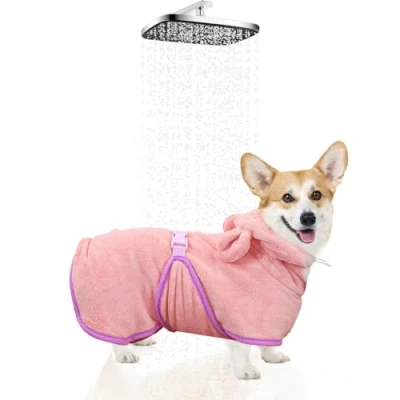 Afbeelding van WUFANC Hondenbadjas voor huisdieren, kleding honden en katten, met capuchon, handdoek honden, zeer absorberend sneldrogend, zacht, roze, vijf maten (M) (S)