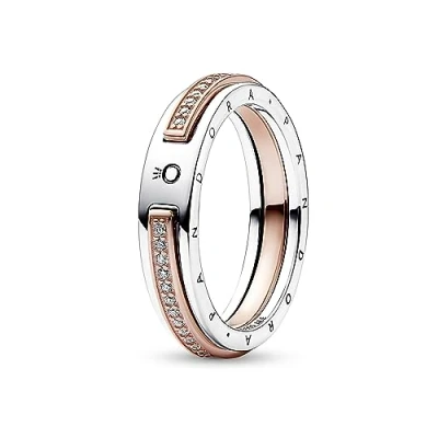 Afbeelding van Pandora Signature 925 Sterling Zilveren Two tone Logo Ring 182773C01 52 Met 14 Karaat Roségouden Plating