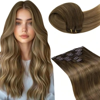 Afbeelding van LaaVoo Clip in Hair Extensions Human 7pcs 120g 14Inch Bruine Schaduwen aan Lichtbruin Haar Extensies Remy Naadloze Dubbele Schuft Haarextensies #6/8/14