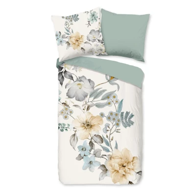 Afbeelding van Dekbedovertrek 155x220 cm Bloemen Print Wit/Beige/Blauw 1 Persoons 100% Katoen Oeko Tex Gecertificeerd