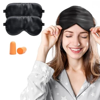 Afbeelding van Viedouce slaapmasker, zijde oogmasker, 100% huidvriendelijk, vrouwen en heren, aangenaam slaapmasker met reistas, ideaal voor thuis op reis (zwart 2 pack)