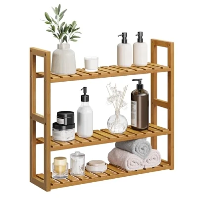 Afbeelding van SONGMICS Badkamerplank, Bamboeplank, Plantenplank met 3 Verstelbare Planken, Wandmontage, Vrijstaand, voor Woonkamer, Gang, Keuken, 15 x 60 54 cm, Koffiebruin BCB013K01