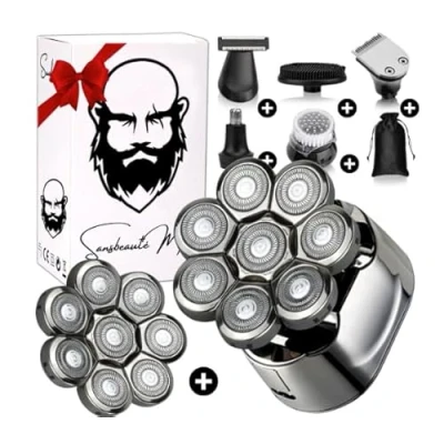 Afbeelding van 6 in 1 Scheerapparaat Mannen + Extra Scheerkop Trimmer Tondeuse Sansbeauté® SkullSharp PRO 8 Blade Skull Shaver Electric Face &amp; Head Hoofd Kaal Scheren Nat Droog Elektrisch