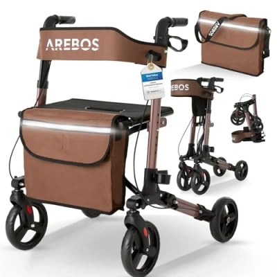 Afbeelding van AREBOS Aluminium rollator lichtgewicht Loophulp Staphulp Loopwagen Medical opvouwbare carbon Inklapbaar belasting tot 136 kg Bruin
