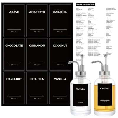 Afbeelding van 120 stuks koffiestroop etiketten voor koffiebar, Joyfulmap minimalistische voorbedrukte waterdichte vinylstickers siroopdispenser flessen, containers, potten, volledige set keukenorganisatie (zwart)