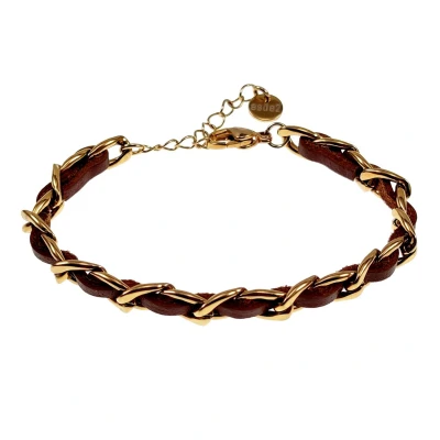 Afbeelding van 19cm tot 23cm x 7,5mm Cubaanse Armband Dames Verguld RVS Schakelsarmband met Bruin Leer Verstelbaar