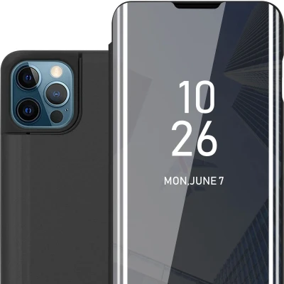 Afbeelding van Cadorabo Hoesje geschikt voor Apple iPhone 13 in TOERMALIJN ZWART Clear View Spiegel Beschermende Case met Tribunefunctie 360 Graden Bescherming Book Cover Etui