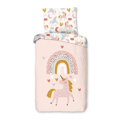 Afbeelding van Cheqo® Dekbedovertrek voor Kinderen 140x200 cm Eenhoorn en Regenboog Print Roze/Multicolor 1 Persoons 100% Katoen